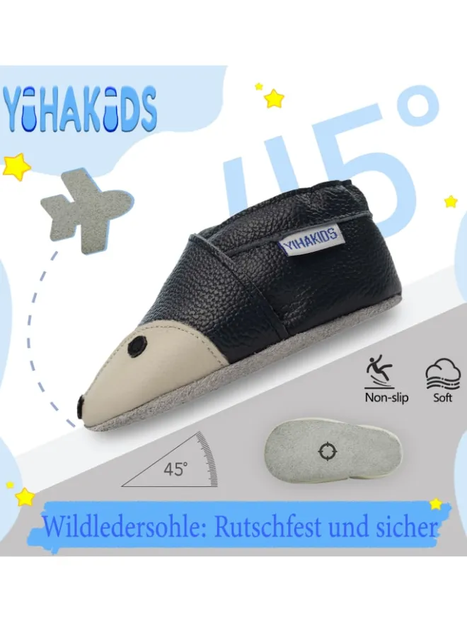 Dunkelblaue Baby Leder Krabbelschuhe, mit rutschfester Sohle – Fuchs-Muster>Yihakids New