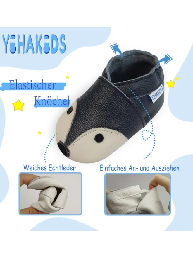 Dunkelblaue Baby Leder Krabbelschuhe, mit rutschfester Sohle – Fuchs-Muster>Yihakids New