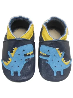 Bemesu Krabbelschuhe^Dunkelblaue Baby Leder Krabbelschuhe, mit rutschfester Sohle –Dinosaurier-Muster