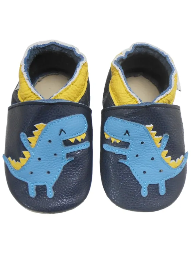 Bemesu Krabbelschuhe^Dunkelblaue Baby Leder Krabbelschuhe, mit rutschfester Sohle –Dinosaurier-Muster