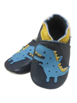 Bemesu Krabbelschuhe^Dunkelblaue Baby Leder Krabbelschuhe, mit rutschfester Sohle –Dinosaurier-Muster