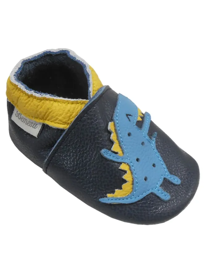 Bemesu Krabbelschuhe^Dunkelblaue Baby Leder Krabbelschuhe, mit rutschfester Sohle –Dinosaurier-Muster
