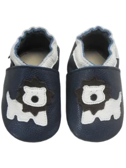 Dunkelblaue Baby Leder Krabbelschuhe, mit rutschfester Sohle – Mops-Muster>Bemesu Best