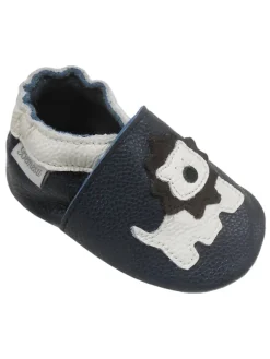 Dunkelblaue Baby Leder Krabbelschuhe, mit rutschfester Sohle – Mops-Muster>Bemesu Best