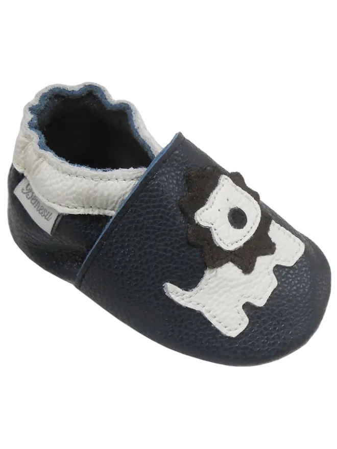 Dunkelblaue Baby Leder Krabbelschuhe, mit rutschfester Sohle – Mops-Muster>Bemesu Best