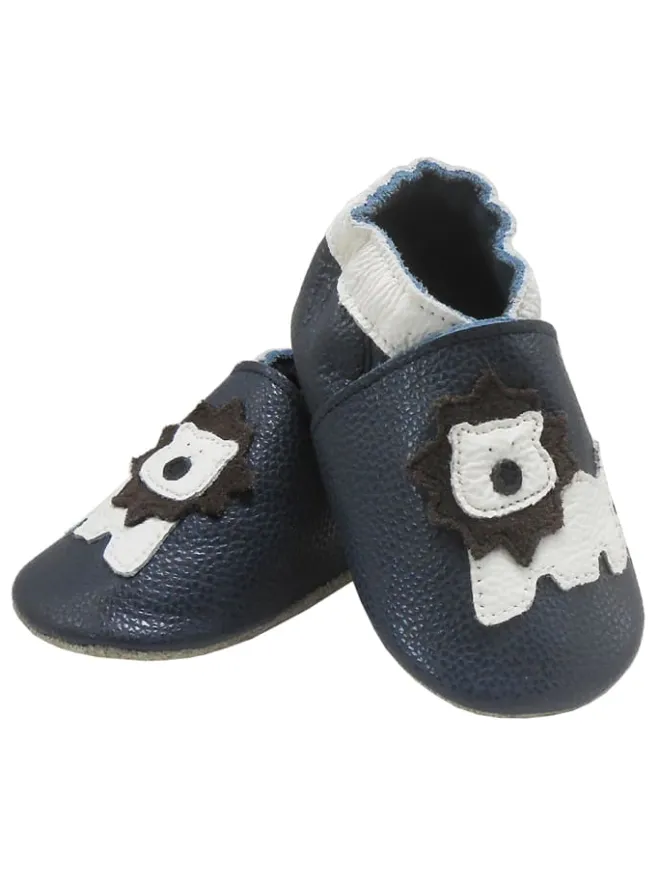 Dunkelblaue Baby Leder Krabbelschuhe, mit rutschfester Sohle – Mops-Muster>Bemesu Best