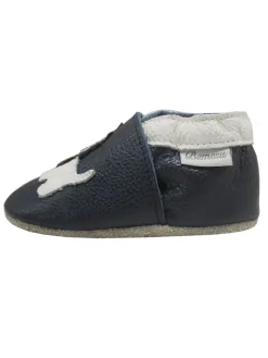 Dunkelblaue Baby Leder Krabbelschuhe, mit rutschfester Sohle – Mops-Muster><noscript><img width=