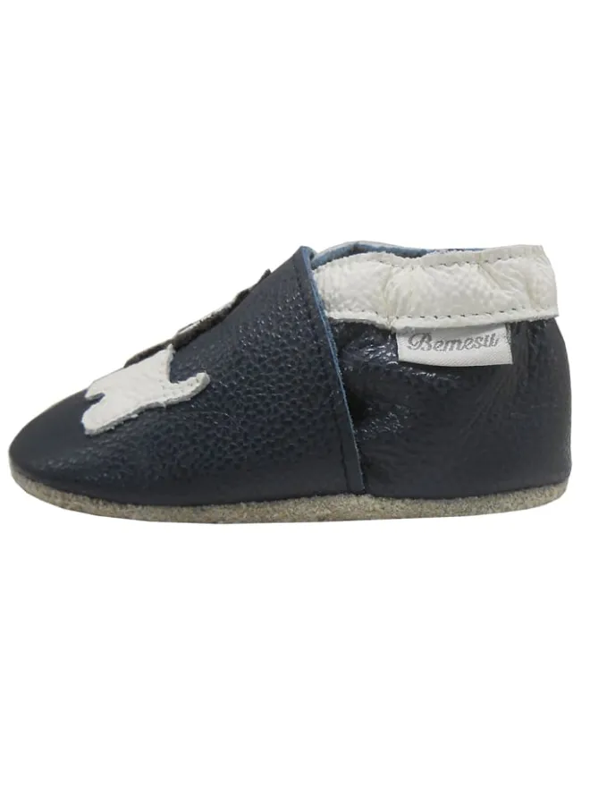 Dunkelblaue Baby Leder Krabbelschuhe, mit rutschfester Sohle – Mops-Muster>Bemesu Best