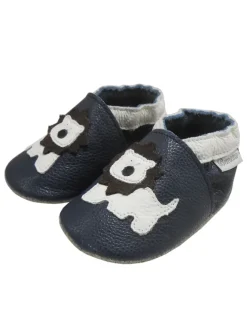 Dunkelblaue Baby Leder Krabbelschuhe, mit rutschfester Sohle – Mops-Muster><noscript><img width=