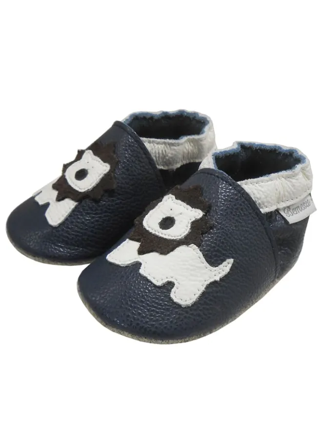 Dunkelblaue Baby Leder Krabbelschuhe, mit rutschfester Sohle – Mops-Muster>Bemesu Best