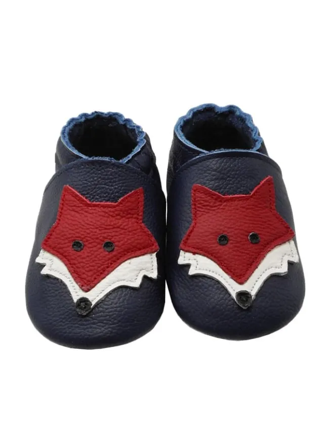 Yihakids Krabbelschuhe^Dunkelblaue Baby Leder Krabbelschuhe, mit rutschfester Sohle – Fuchs-Muster