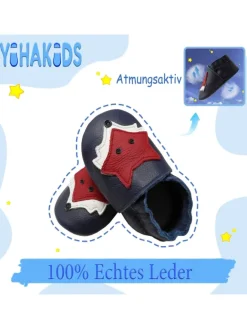Yihakids Krabbelschuhe^Dunkelblaue Baby Leder Krabbelschuhe, mit rutschfester Sohle – Fuchs-Muster
