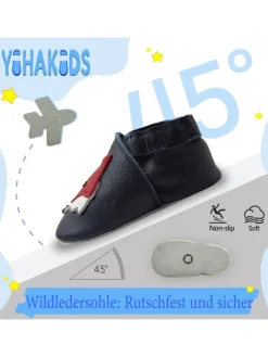Yihakids Krabbelschuhe^Dunkelblaue Baby Leder Krabbelschuhe, mit rutschfester Sohle – Fuchs-Muster