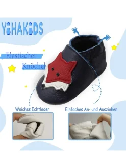 Yihakids Krabbelschuhe^Dunkelblaue Baby Leder Krabbelschuhe, mit rutschfester Sohle – Fuchs-Muster