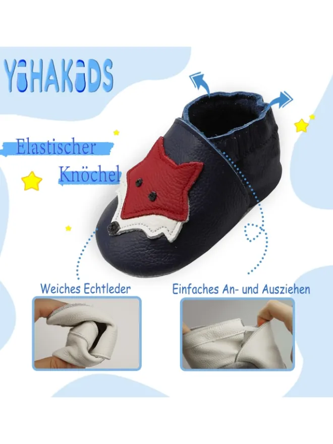Yihakids Krabbelschuhe^Dunkelblaue Baby Leder Krabbelschuhe, mit rutschfester Sohle – Fuchs-Muster