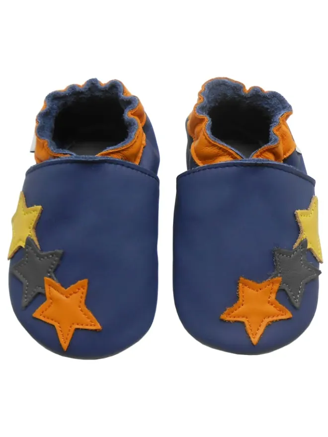 Bemesu Krabbelschuhe^Dunkelblaue Baby-Leder-Laufschuhe, mit rutschfester Sohle - buntem Sternenmuster