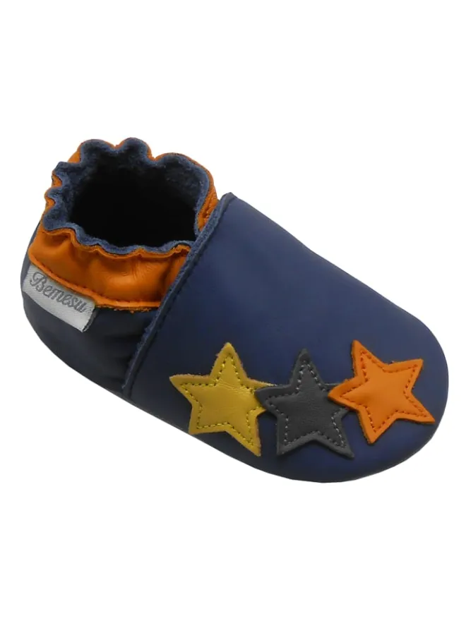 Bemesu Krabbelschuhe^Dunkelblaue Baby-Leder-Laufschuhe, mit rutschfester Sohle - buntem Sternenmuster