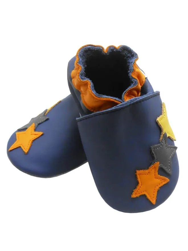 Bemesu Krabbelschuhe^Dunkelblaue Baby-Leder-Laufschuhe, mit rutschfester Sohle - buntem Sternenmuster