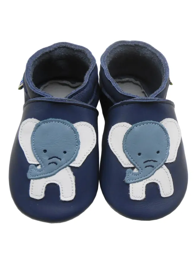 Dunkelblaue Babyschuhe aus echtem Leder ,rutschfester Sohle–Mit Elefanten-Muster>Yalion Hot