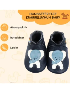 Dunkelblaue Babyschuhe aus echtem Leder ,rutschfester Sohle–Mit Elefanten-Muster><noscript><img width=