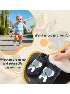 Dunkelblaue Babyschuhe aus echtem Leder ,rutschfester Sohle–Mit Elefanten-Muster><noscript><img width=