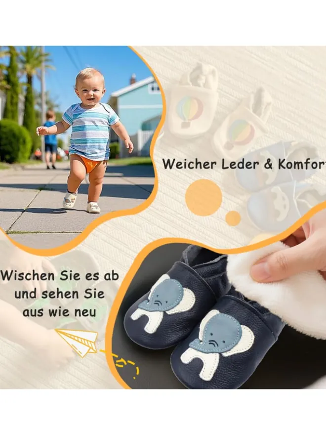 Dunkelblaue Babyschuhe aus echtem Leder ,rutschfester Sohle–Mit Elefanten-Muster>Yalion Hot
