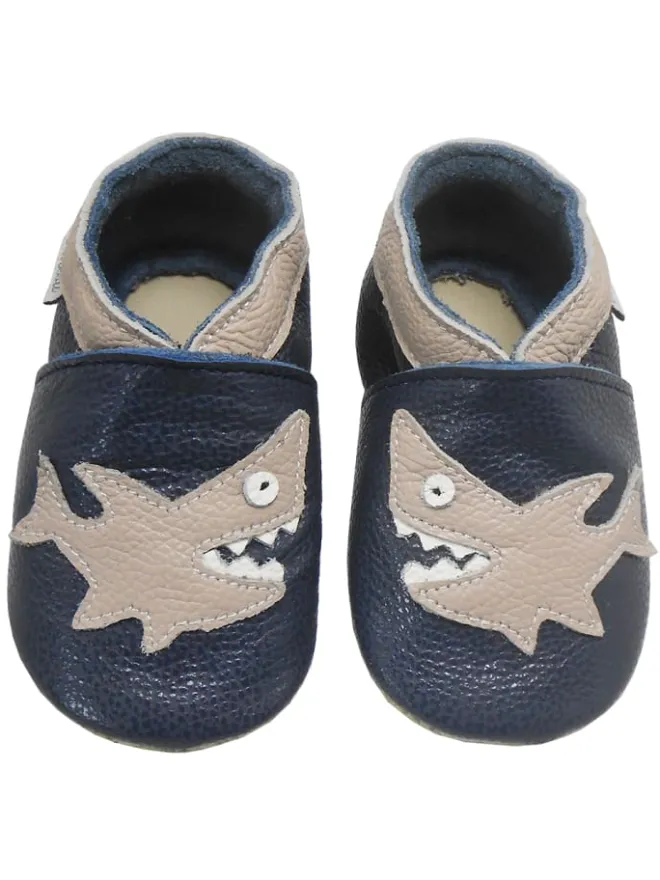 Dunkelblaue Leder Babyschuhe, Krabbelschuhe, rutschfeste Sohle - Hai-Muster>Bemesu Hot