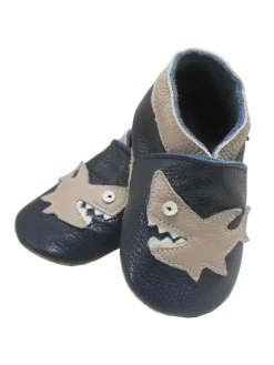 Dunkelblaue Leder Babyschuhe, Krabbelschuhe, rutschfeste Sohle - Hai-Muster><noscript><img width=