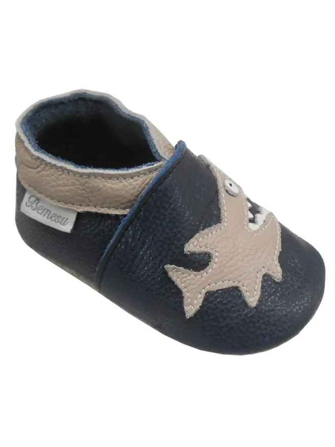 Dunkelblaue Leder Babyschuhe, Krabbelschuhe, rutschfeste Sohle - Hai-Muster>Bemesu Hot
