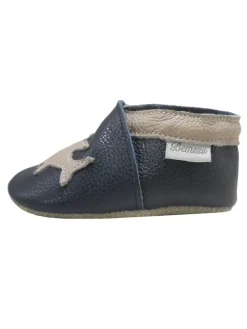 Dunkelblaue Leder Babyschuhe, Krabbelschuhe, rutschfeste Sohle - Hai-Muster><noscript><img width=