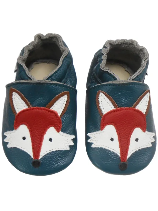 Bemesu Krabbelschuhe^Dunkelgrüne Baby Leder Krabbelschuhe, mit rutschfester Sohle – Fuchs-Muster
