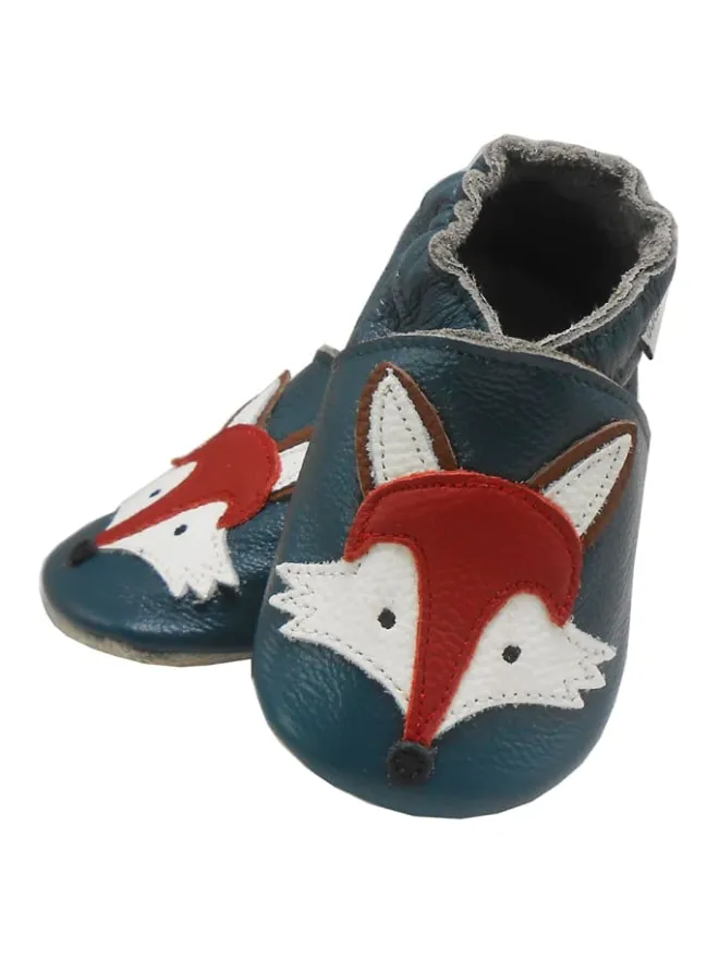 Bemesu Krabbelschuhe^Dunkelgrüne Baby Leder Krabbelschuhe, mit rutschfester Sohle – Fuchs-Muster