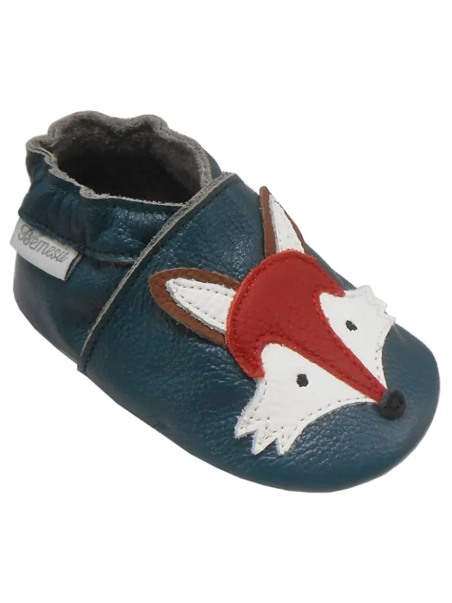 Bemesu Krabbelschuhe^Dunkelgrüne Baby Leder Krabbelschuhe, mit rutschfester Sohle – Fuchs-Muster