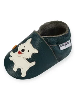 Mejale Krabbelschuhe^Dunkelgrüne Babyleder-Kleinkindschuhe, bequeme rutschfeste Sohle - Welpenmuster
