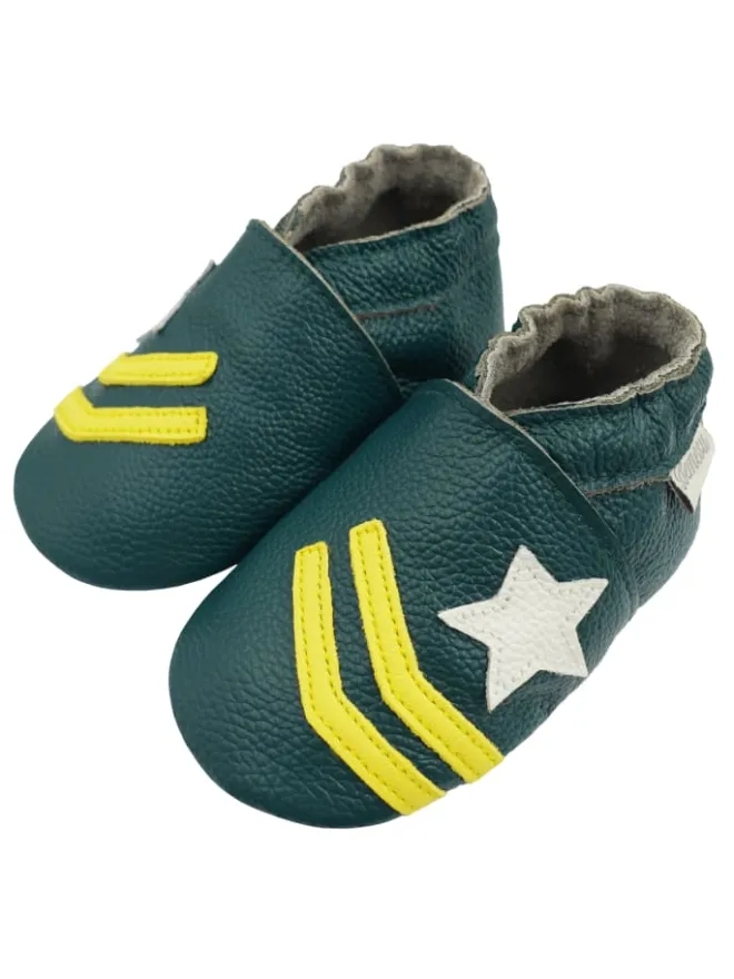 Dunkelgrüne Baby-Leder-Laufanfänger, bequeme rutschfeste Sohlen – Meteor-Muster>Bemesu Best