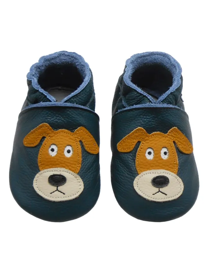 Basrakids Krabbelschuhe^Dunkelgrüne Baby-Leder-Laufschuhe, mit rutschfester Sohle - mit Mops-Motiv