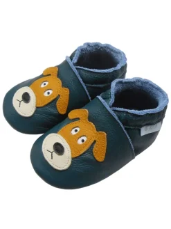 Basrakids Krabbelschuhe^Dunkelgrüne Baby-Leder-Laufschuhe, mit rutschfester Sohle - mit Mops-Motiv