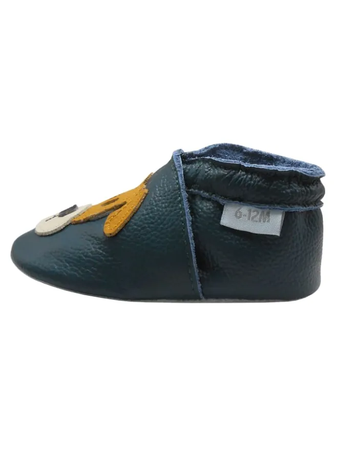 Basrakids Krabbelschuhe^Dunkelgrüne Baby-Leder-Laufschuhe, mit rutschfester Sohle - mit Mops-Motiv
