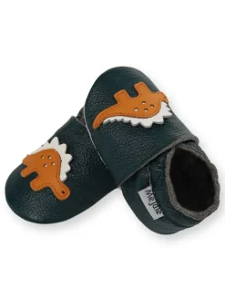 Mejale Krabbelschuhe^Dunkelgrüne Baby-Leder-Wanderschuhe, rutschfeste Sohlen - Triceratops-Muster
