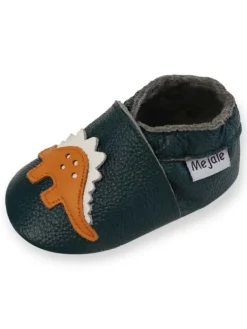 Mejale Krabbelschuhe^Dunkelgrüne Baby-Leder-Wanderschuhe, rutschfeste Sohlen - Triceratops-Muster