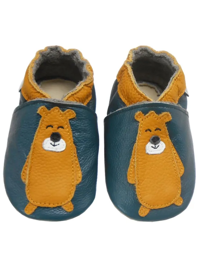 Bemesu Krabbelschuhe^Dunkelgrüne Leder Babyschuhe, Krabbelschuhe, rutschfeste Sohle - Bärenmuster