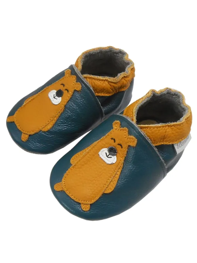 Bemesu Krabbelschuhe^Dunkelgrüne Leder Babyschuhe, Krabbelschuhe, rutschfeste Sohle - Bärenmuster