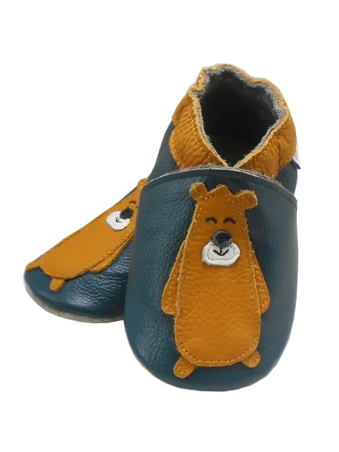 Bemesu Krabbelschuhe^Dunkelgrüne Leder Babyschuhe, Krabbelschuhe, rutschfeste Sohle - Bärenmuster