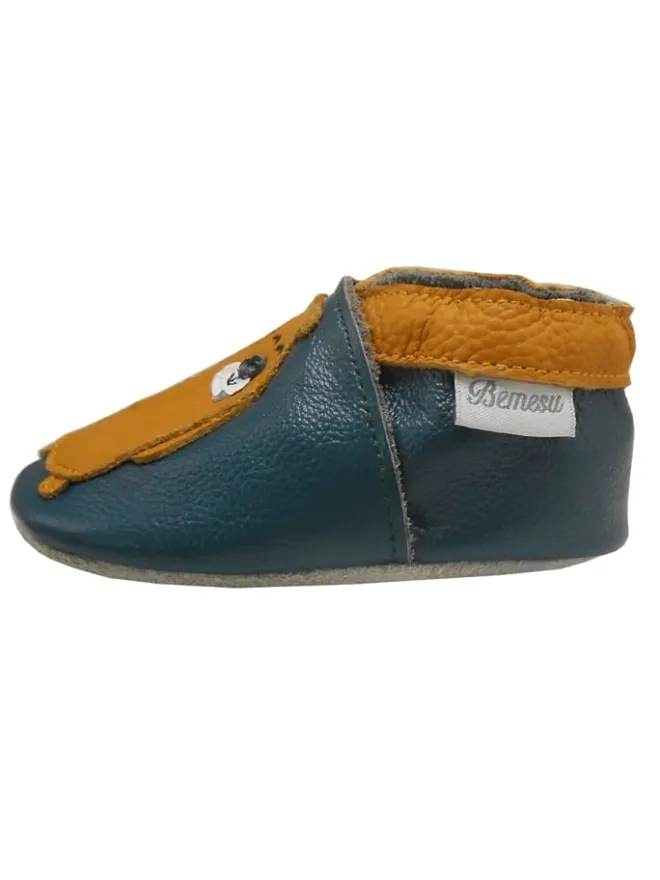 Bemesu Krabbelschuhe^Dunkelgrüne Leder Babyschuhe, Krabbelschuhe, rutschfeste Sohle - Bärenmuster