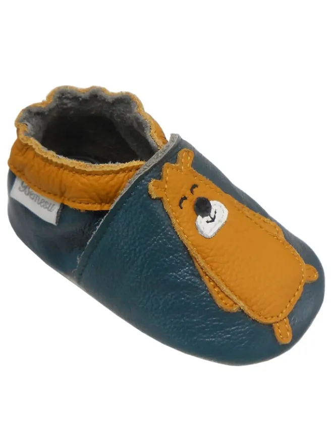Bemesu Krabbelschuhe^Dunkelgrüne Leder Babyschuhe, Krabbelschuhe, rutschfeste Sohle - Bärenmuster