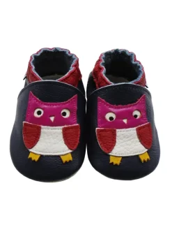 Dunkellila Baby Leder Krabbelschuhe, mit rutschfester Sohle - Eulen-Muster>Mejale Best