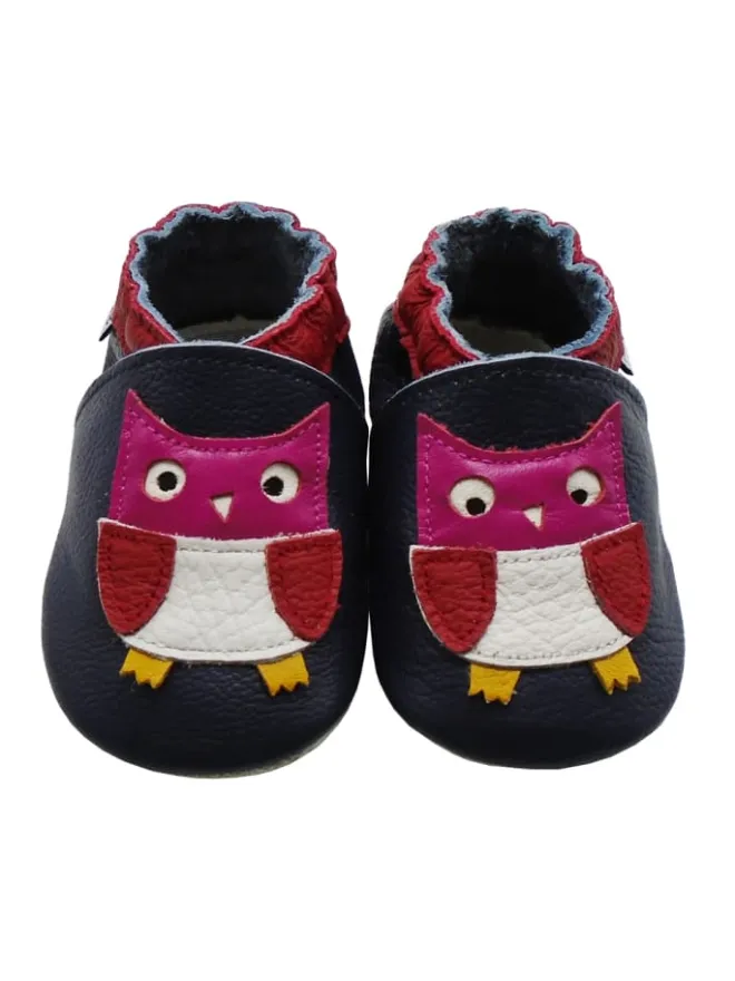 Dunkellila Baby Leder Krabbelschuhe, mit rutschfester Sohle - Eulen-Muster>Mejale Best
