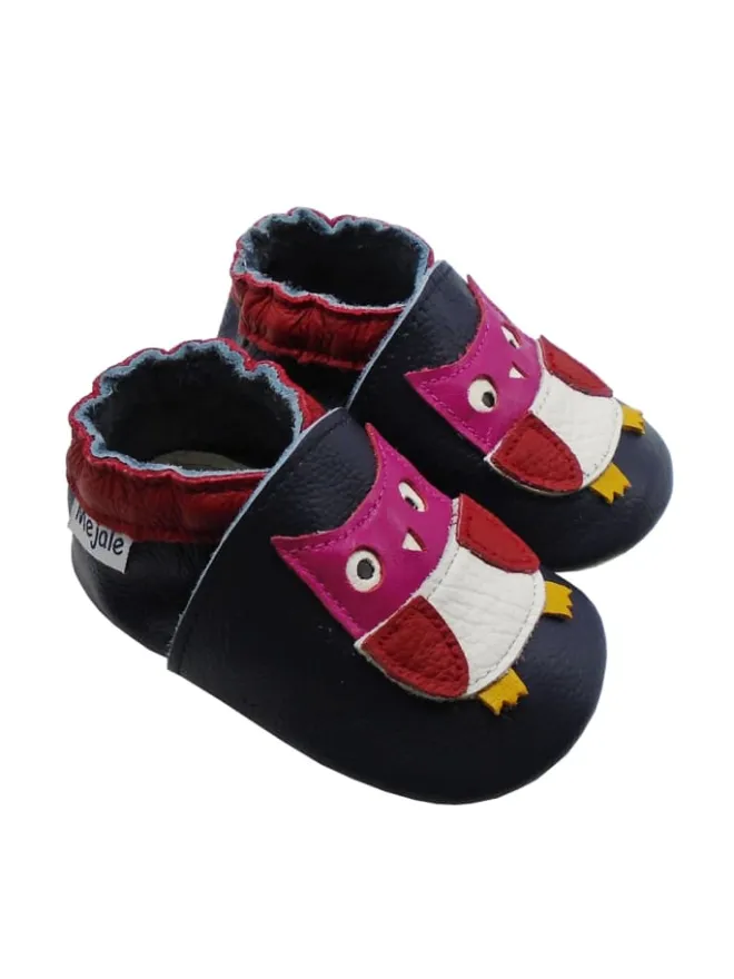 Dunkellila Baby Leder Krabbelschuhe, mit rutschfester Sohle - Eulen-Muster>Mejale Best