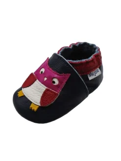 Dunkellila Baby Leder Krabbelschuhe, mit rutschfester Sohle - Eulen-Muster><noscript><img width=