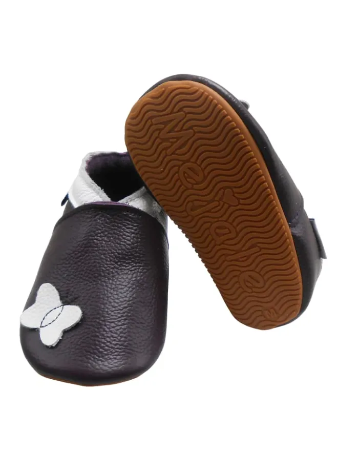 Dunkellila Baby-Leder-Laufschuhe, mit rutschfester Sohle - Schmetterlingsmotiv>Mejale Clearance